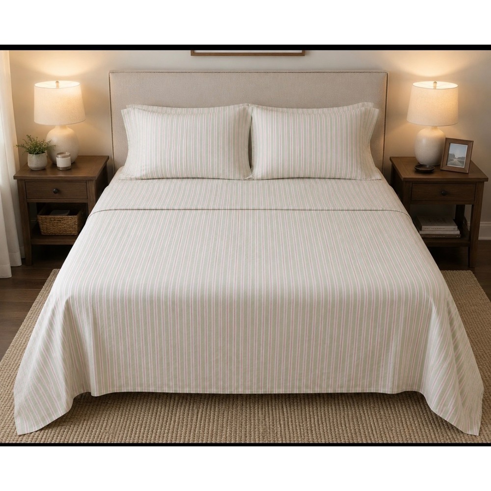 Ralph Lauren Home Sage Green and Pink Jitney Striped 3pc Queen Sheet